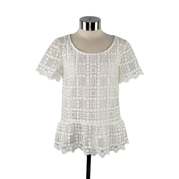 Anthropologie Tops - Anthropologie Leifsdottir White Lace Embroidered Short Sleeve Peplum Top Size 6